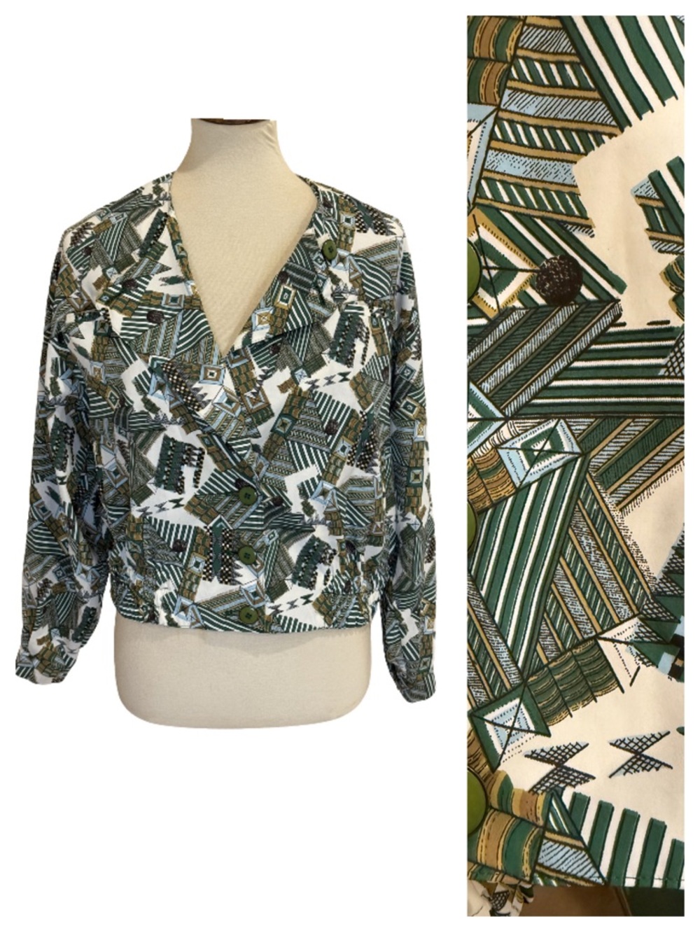 Vintage 80s Batwing Cropped Jacket Geometric Print Forest Green Dolman Medium